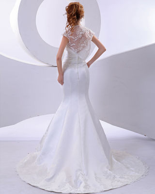 Elegante sereia Flor de renda Halter pescoço Vestidos de noiva de manga curta